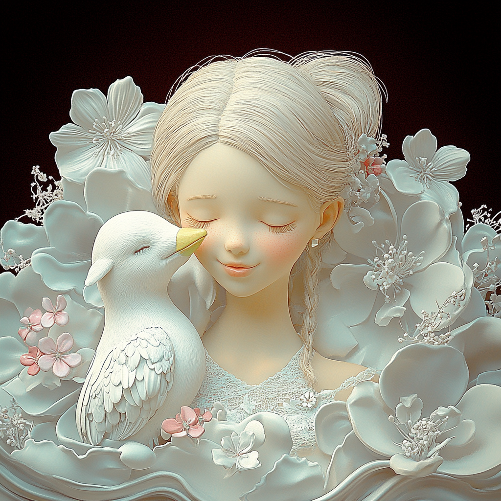 白い花と鳥に囲まれた少女